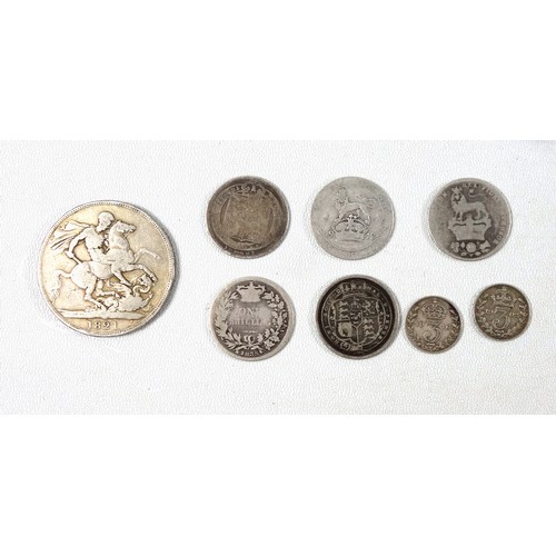 186 - George IIII crown 1820, poor; 5 shillings, two 3ds and post 1920 £3.92p, other coins, £2s 1986, Kenn... 