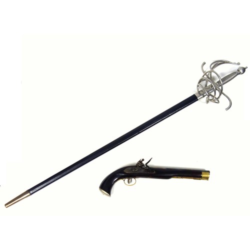 198 - Modern steel sword with a wire bound basket hilt, in scabbard, L.103cm, and a reproduction flintlock... 