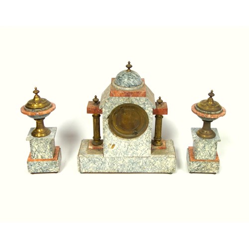 211 - Early 20th Century French garniture comprising a mantel timepiece with a circular dial and black Ara... 