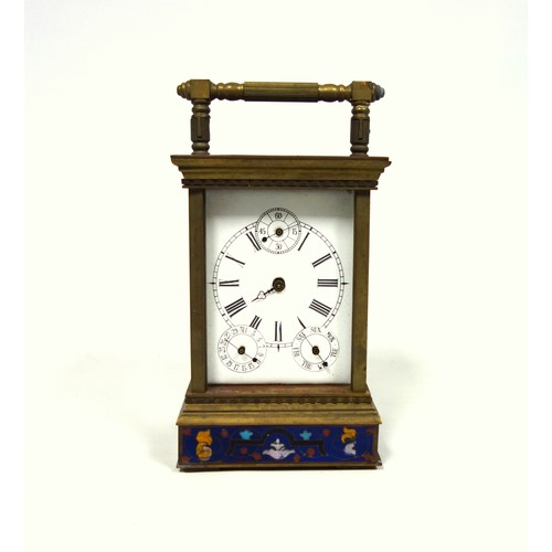 212 - Late 19th Century French carriage clock with a white enamelled dial, day, date, and seconds subsidia... 