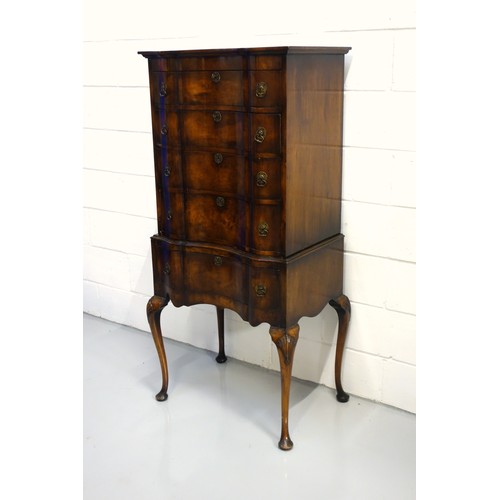 223 - Georgian style walnut serpentine chest with 4 graduated long drawers, on a stand with a drawer, on c... 