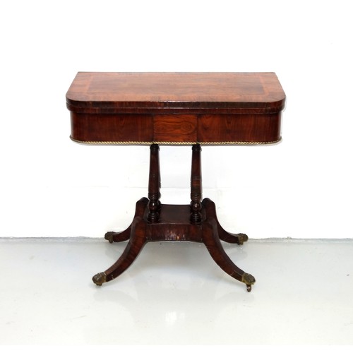 226 - George IV rosewood card table with a crossbanded rounded rectangular hinged top opening to a green b... 