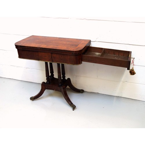 226 - George IV rosewood card table with a crossbanded rounded rectangular hinged top opening to a green b... 