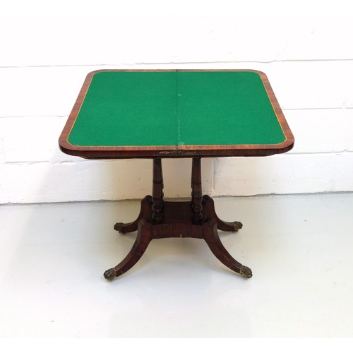 226 - George IV rosewood card table with a crossbanded rounded rectangular hinged top opening to a green b... 