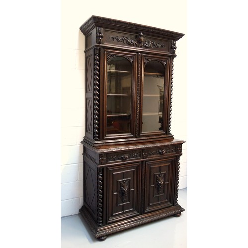 230 - 19th Century Flemish carved oak cabinet with 2 arch glazed panelled doors above, 2 drawers and 2 pan... 