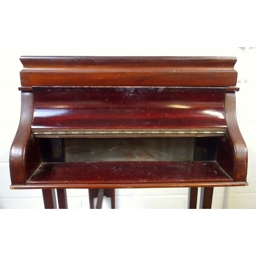 232 - Mahogany finish gramophone in the form of a grand piano, with a wind-up movement, on tapering legs a... 