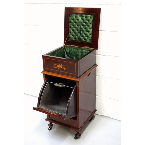 233 - Edwardian inlaid mahogany purdonium with a fall door, metal liner and an added padded workbox above,... 