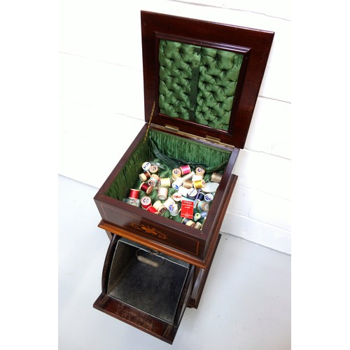 233 - Edwardian inlaid mahogany purdonium with a fall door, metal liner and an added padded workbox above,... 