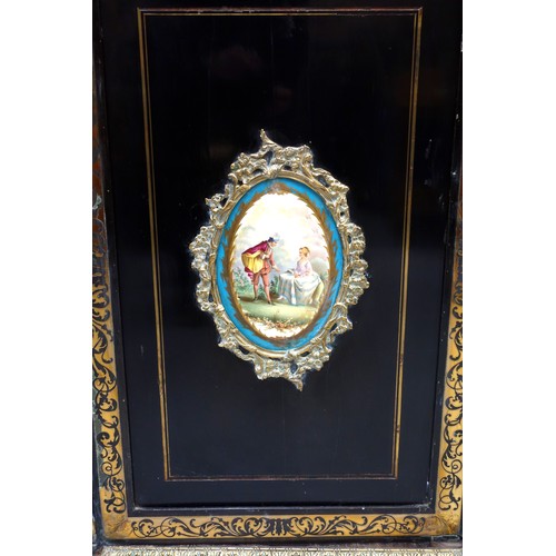 234 - Late 19th Century French ebonised side cabinet with a breakfront top, centre panelled door inset wit... 