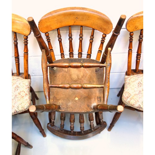 238 - Set of 6 Victorian birch kitchen chairs, each with an arched spindle back and floral upholstered sea... 