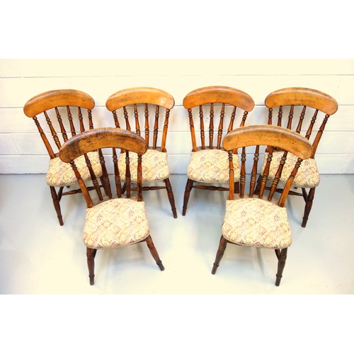 238 - Set of 6 Victorian birch kitchen chairs, each with an arched spindle back and floral upholstered sea... 