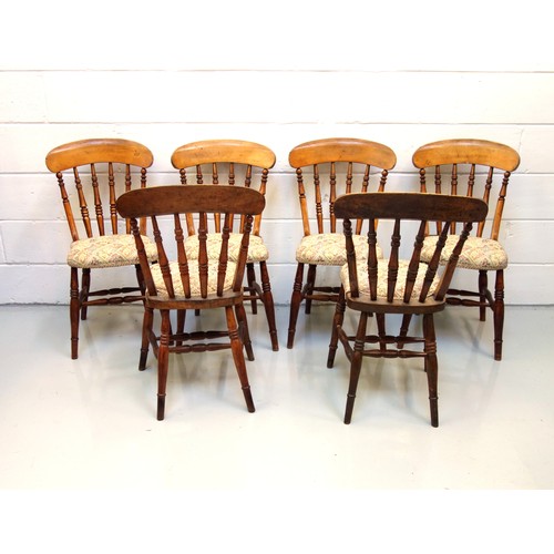 238 - Set of 6 Victorian birch kitchen chairs, each with an arched spindle back and floral upholstered sea... 