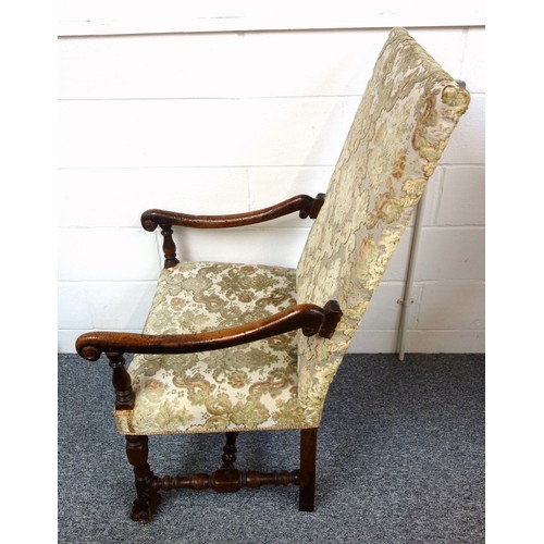 239 - Late 19th Century Flemish walnut open scroll armchair with a tall back and seat upholstered in pale ... 