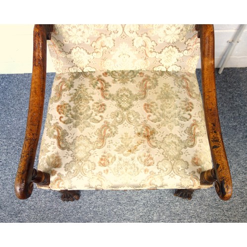 239 - Late 19th Century Flemish walnut open scroll armchair with a tall back and seat upholstered in pale ... 