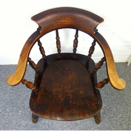 249 - Victorian stained Smoker's Bow with an elm seat, on turned baluster legs and stretchers, stamped wit... 