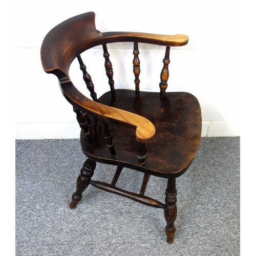 249 - Victorian stained Smoker's Bow with an elm seat, on turned baluster legs and stretchers, stamped wit... 