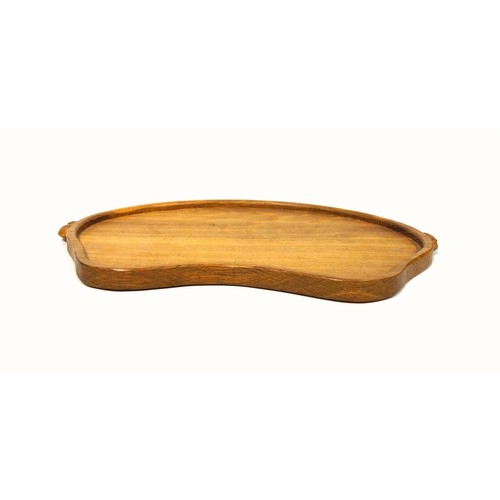 253 - Mouseman, (Robert Thompson), oak tea tray of shaped kidney form, with an adzed top and carved mouse ... 