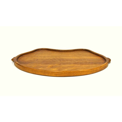 253 - Mouseman, (Robert Thompson), oak tea tray of shaped kidney form, with an adzed top and carved mouse ... 