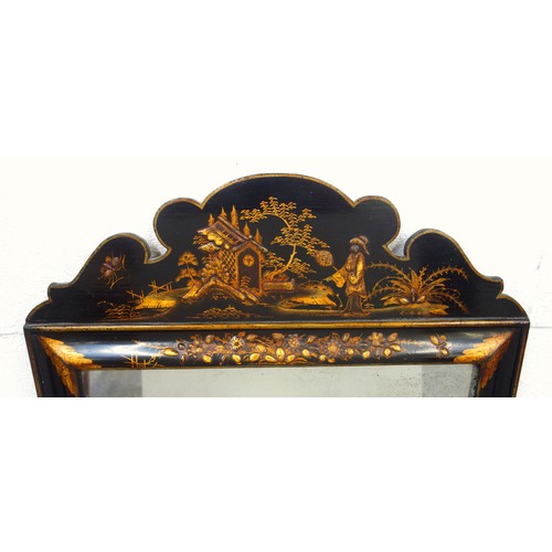 261 - George III rectangular upright wall mirror in an ebonised and gilt chinoiserie decorated frame with ... 