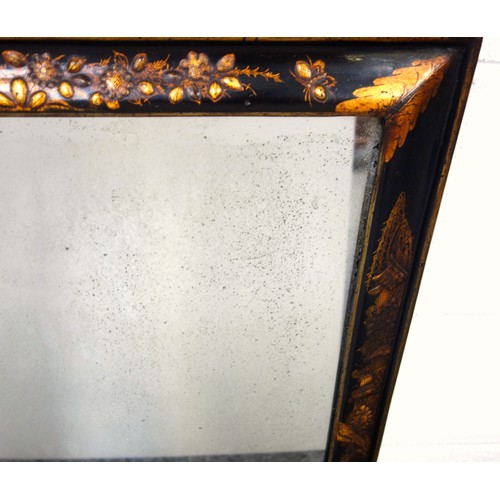 261 - George III rectangular upright wall mirror in an ebonised and gilt chinoiserie decorated frame with ... 