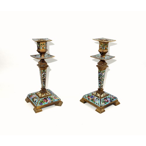 264 - Pair of French brass champlevé candlesticks, (a/f and drilled for electricity), H.20cm; Late Victori... 