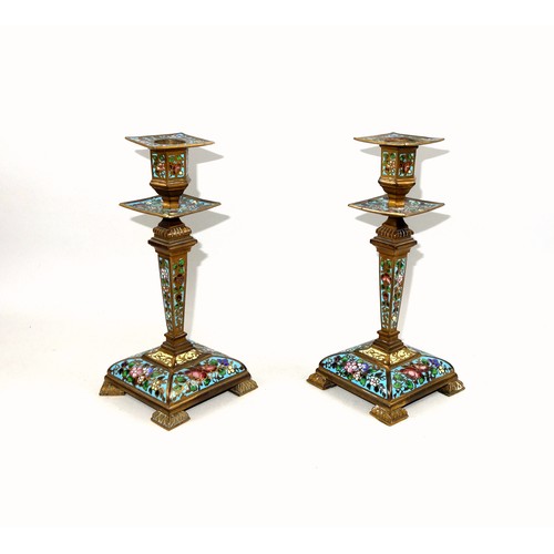 264 - Pair of French brass champlevé candlesticks, (a/f and drilled for electricity), H.20cm; Late Victori... 