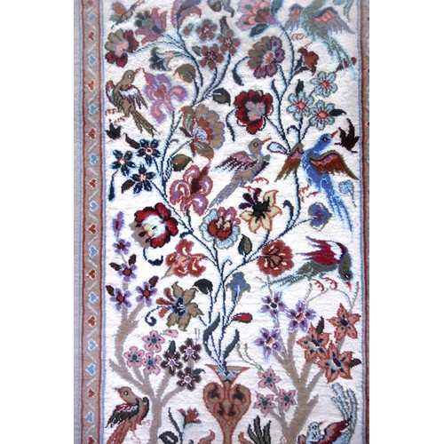 273 - Persian silk mat, the ivory ground with all-overn stylised flowers and birds, surrounded by a grey g... 