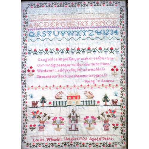 274 - George IV needlework sampler worked by Louisa Whitehill, 1 August 1826, aged 8 years, with letters a... 