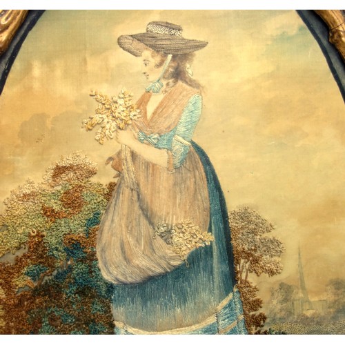 276 - Regency silk needlework and watercolour of a woman with a bunch of flowers, 23.5 x 17, in a glazed o... 