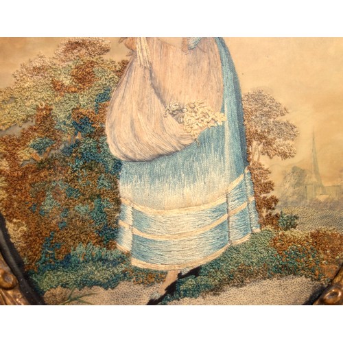 276 - Regency silk needlework and watercolour of a woman with a bunch of flowers, 23.5 x 17, in a glazed o... 