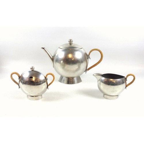 277 - Arts & Crafts hammered stainless steel cylindrical 3 piece coffee set marked 