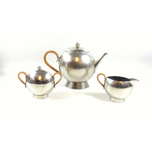 277 - Arts & Crafts hammered stainless steel cylindrical 3 piece coffee set marked 