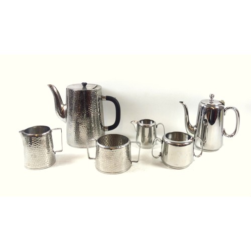 277 - Arts & Crafts hammered stainless steel cylindrical 3 piece coffee set marked 