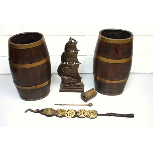 280 - Pair of brass bound oak coopered barrels, H.60.5cm; iron fireside companion set in the form of a Spa... 