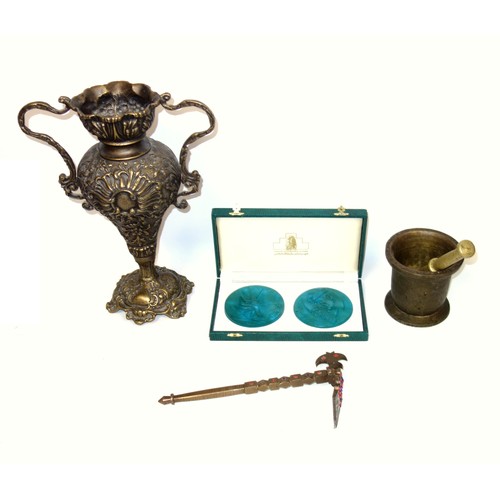 281 - Persian bronze sugar axe set with dark blue and red stones, L.26.5cm; mortar and pestle, brass vase ... 