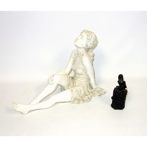 290 - Moulded plaster figure of a seated young woman, W.38cm, and a bronze resin figure of a girl on a roc... 