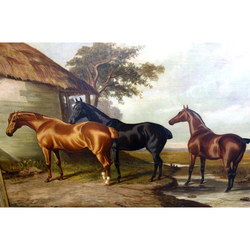 297 - English School, Late 19th Century, Study of three horses beside a thatched stable and tree, one hors... 