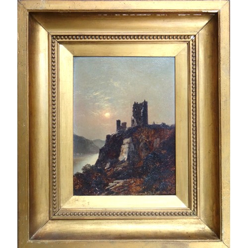 314 - Alfred de Bréanski (British, 1852-1928), Castle ruins on a steep hilltop (possibly Burg Drachenfels)... 