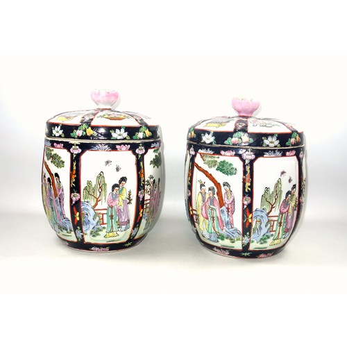 335 - Pair of large 20th Century Chinese circular jars, each with moulded reserves of figures in garden sc... 