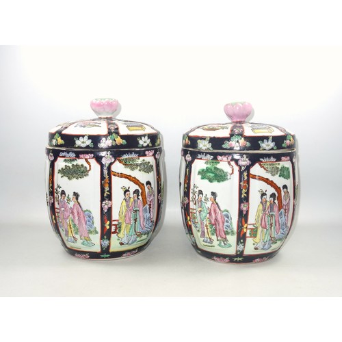 335 - Pair of large 20th Century Chinese circular jars, each with moulded reserves of figures in garden sc... 