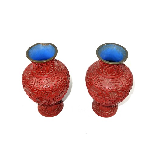 340 - Pair of Chinese red cinnabar lacquer baluster vases with all-over floral decoration, H.16.5cm, (one ... 