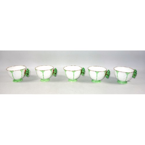 357 - Aynsley green butterfly handle and leaf moulded bone china part tea service, pattern No. B1322, Rd. ... 