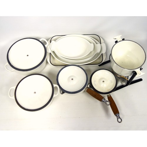 279 - Le Creuset set of 7 graduating white enamelled cast iron sauce pans, each with a spout, cover, and t... 