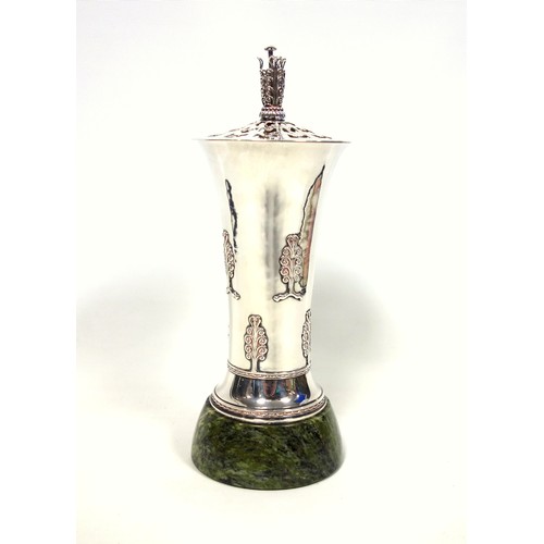 98 - Robert Edgar Stone (1903-1990), Revivalist fine silver cylindrical vase with stylised scroll floral ... 