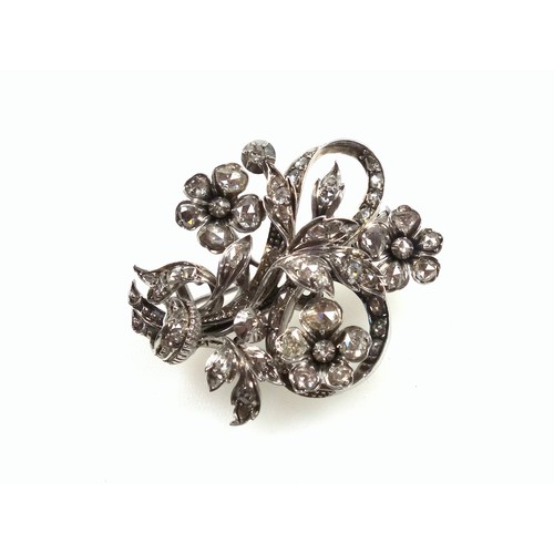 177 - Georgian style gold, silver and rose cut diamond brooch of a scrolling floral design, gold back, sil... 