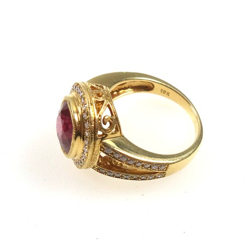 178 - Yellow metal ring set spinel and diamonds, stamped 18k, ring size M 1/2, spinel 3.5 carat approx., d... 