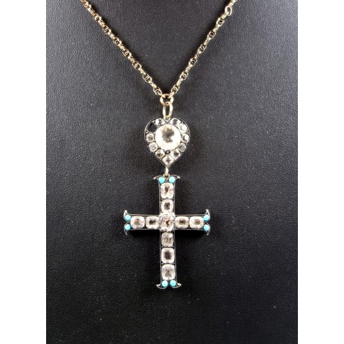 175 - Continental rosary, a gold tone link chain, length 137cm approx., with a cross pendant set ten paste... 