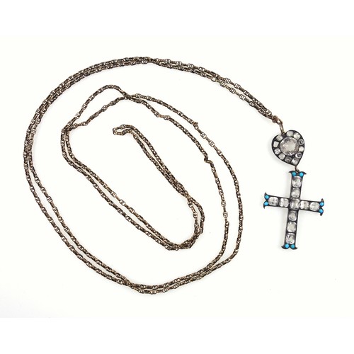 175 - Continental rosary, a gold tone link chain, length 137cm approx., with a cross pendant set ten paste... 