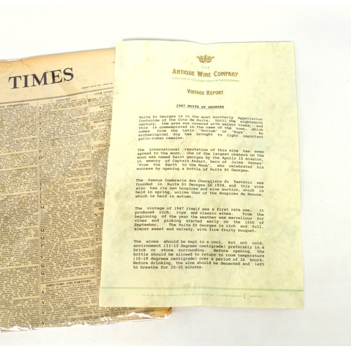 5 - Bottle of 1947 Camille Giroud Nuits St Georges, 75cl, with a copy of The Times from March 24 1947 an... 