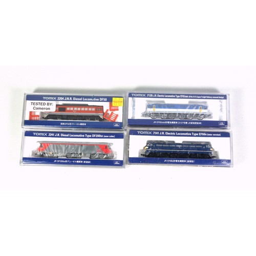 27 - 4 Tomix N Gauge diesel and electric locomotives, all in clear plastic cases. (4)